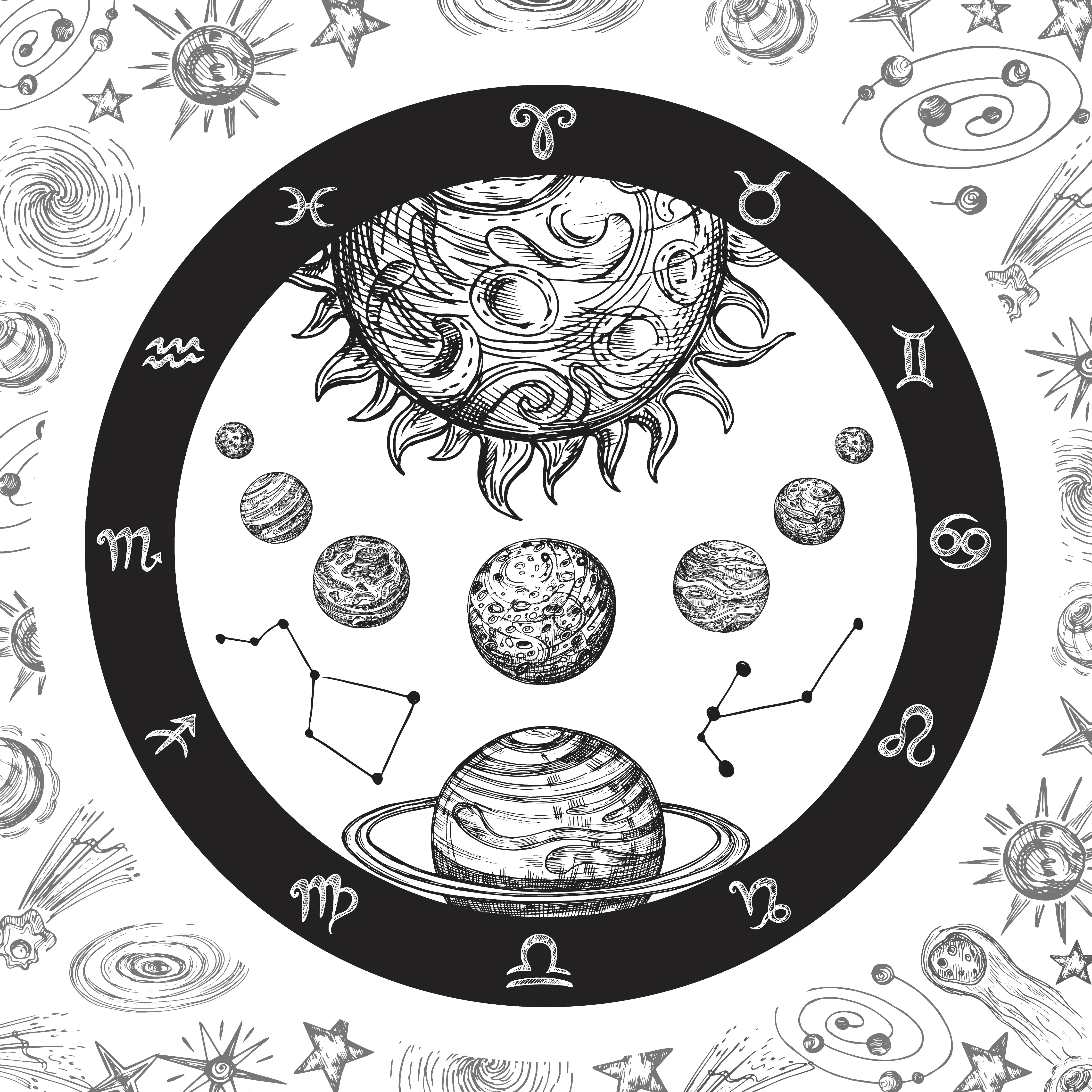Hand drawn universe, planetary system and zodiac constellations. 