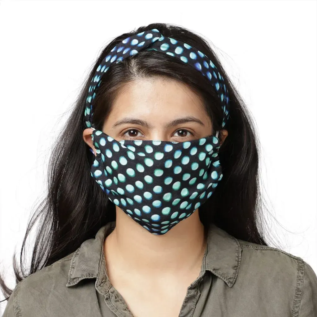 Aqua polka dot knotted headband with matching face mask.