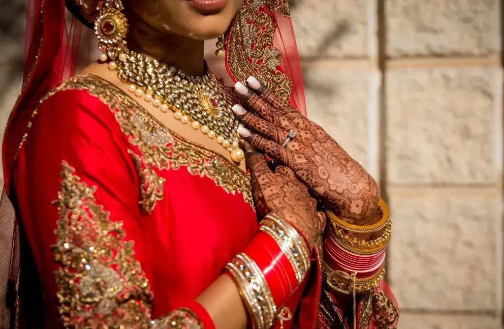 Bride displaying traditional jewelry and dress. 