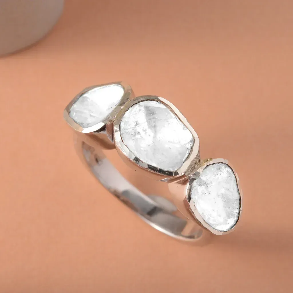Polki Diamond Trilogy Ring in Platinum Over Sterling Silver
