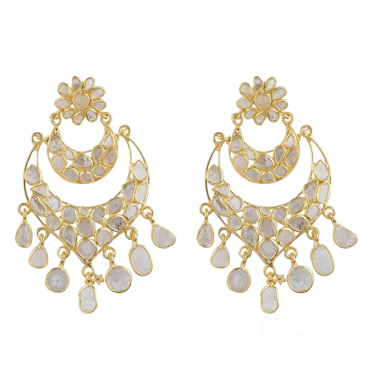 Guiseppe Perez Polki Diamond and Kanchanaburi Blue Sapphire Earrings in 14K Yellow Gold Over Sterling Silver
