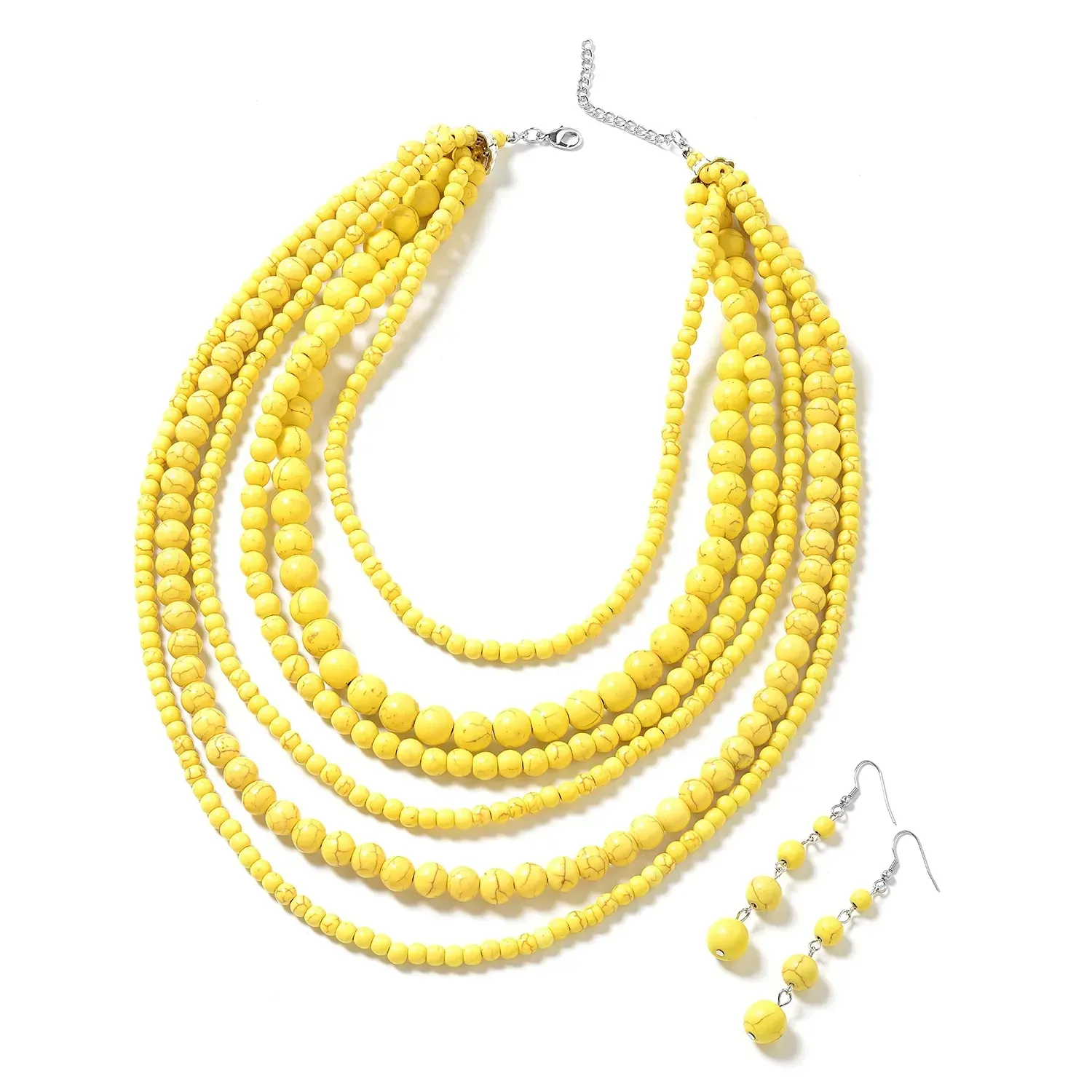 Freshened Yellow Howlite Beaded Dangle Earrings and Multi Strand Necklace 18 Inches in Black Oxidized Silvertone and Stainless Steel 1400.50 ctw