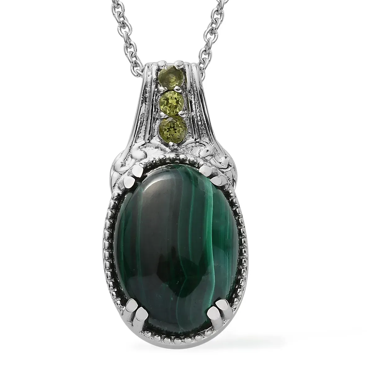 African Malachite and Peridot Pendant Necklace 20 Inches in Stainless Steel 14.50 ctw