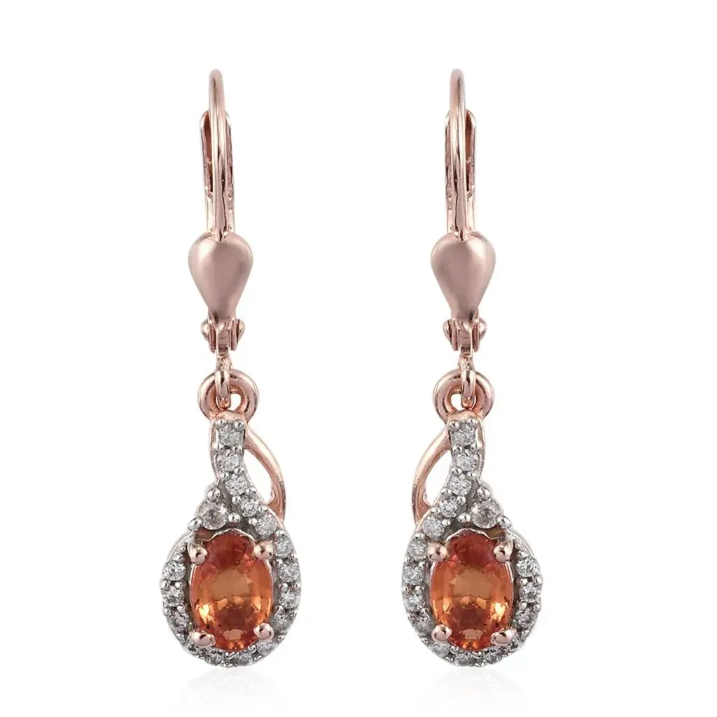Orange Sapphire and Zircon Earrings in Vermeil Rose Gold Over Sterling Silver