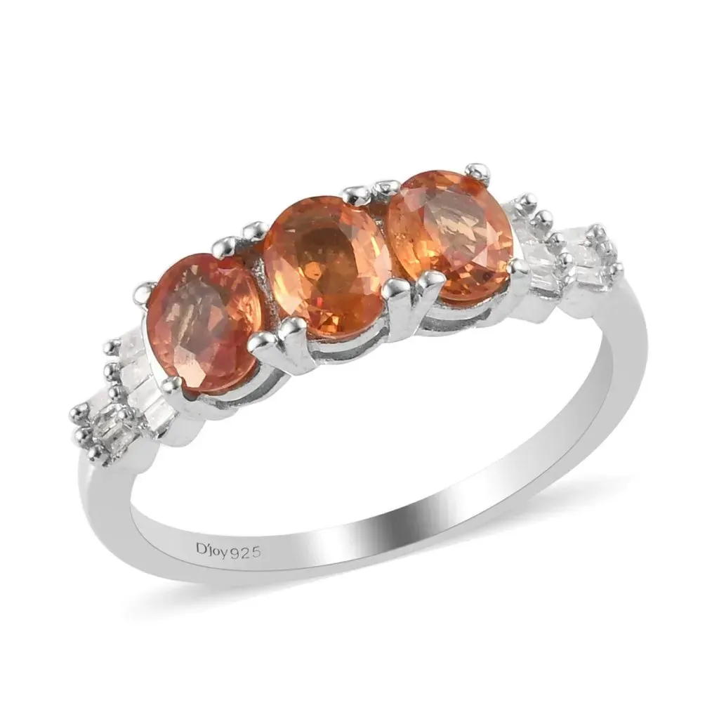 Orange Sapphire and Diamond 3 Stone Line Ring in Platinum Over Sterling Silver