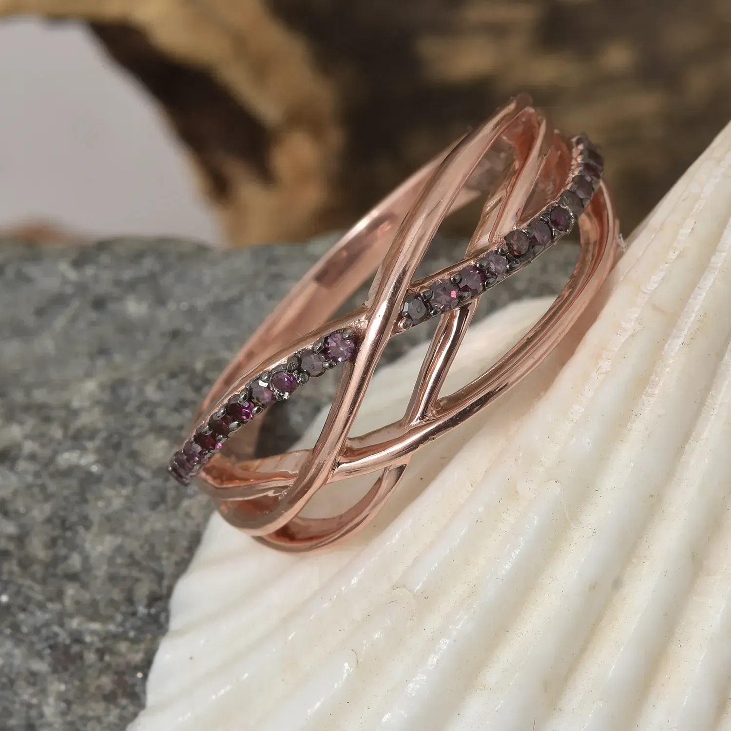 Purple diamond ring with rose gold vermeil.