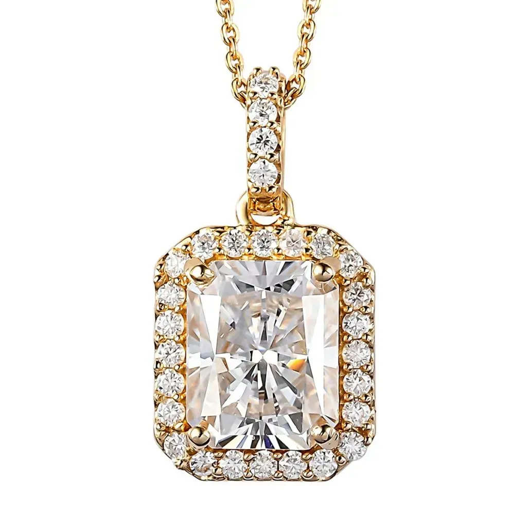 Radiant Cut Moissanite Pendant Necklace 20 Inches in Vermeil Yellow Gold Over Sterling Silver