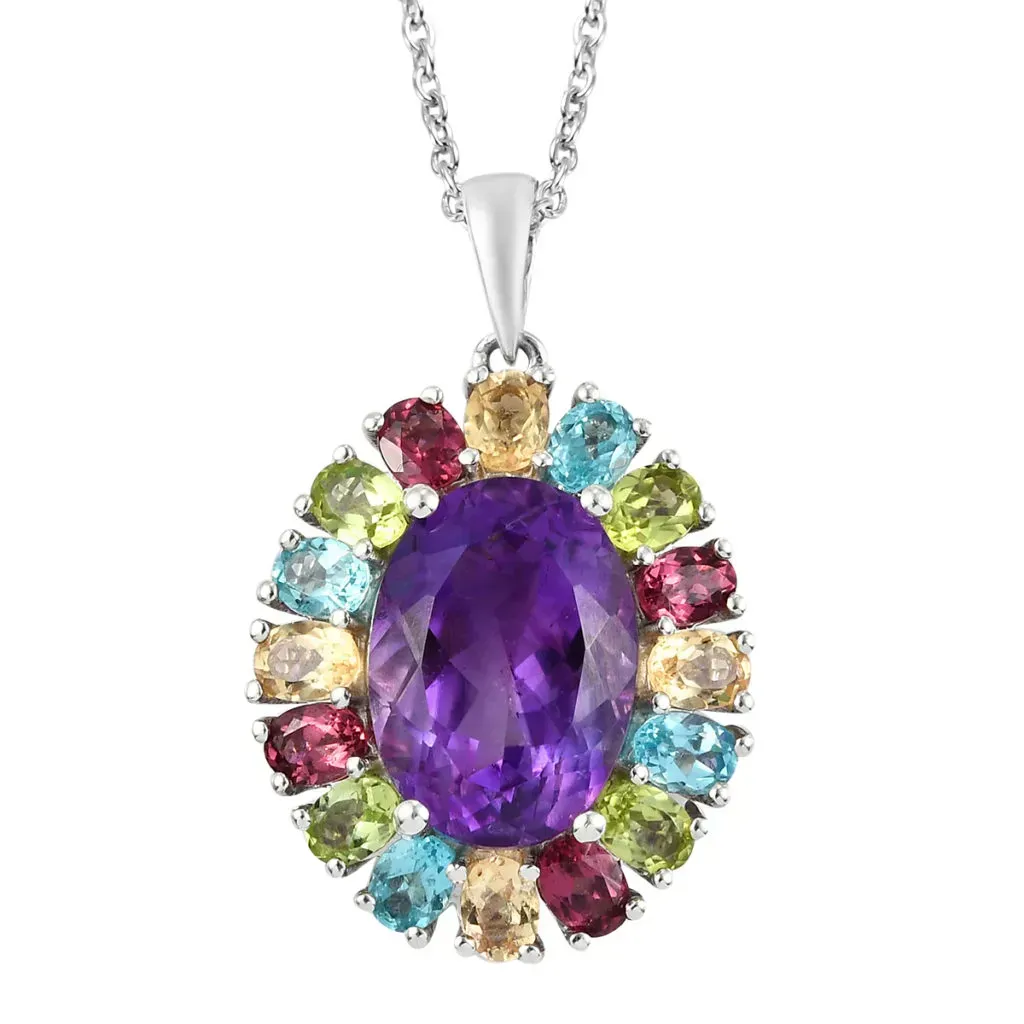 Moroccan Amethyst and Multi Gemstone Rainbow Cocktail Pendant Necklace 20 Inches in Platinum Over Sterling Silver 8.90 ctw