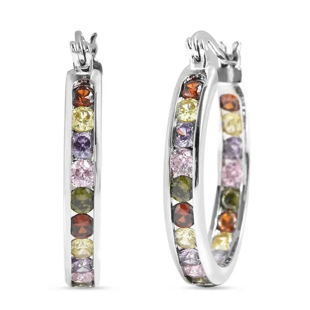 Simulated Multi Color Diamond Hoop Earrings in Silvertone