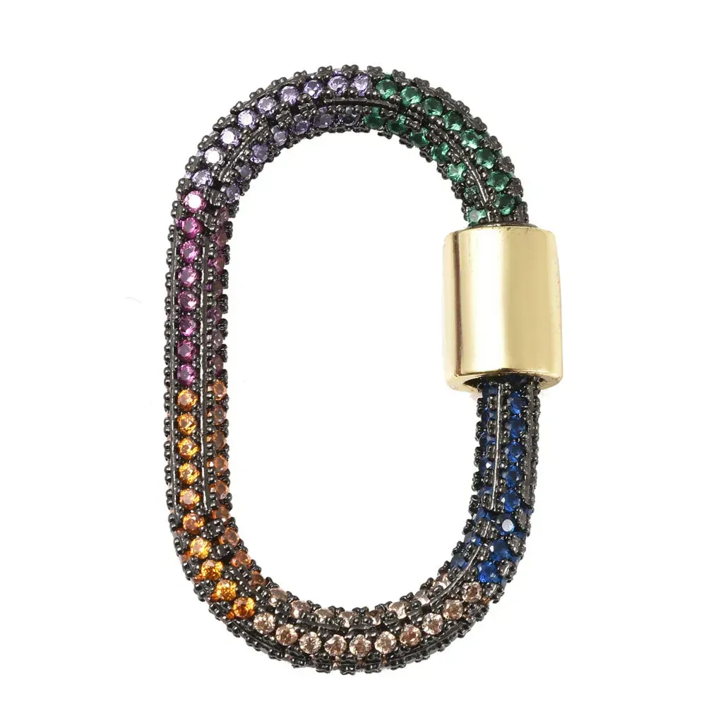 Oval Shaped Multi Rainbow Color Zircon Carabiner Screw Lock Ring Clasp Charm Enhancer in Goldtone