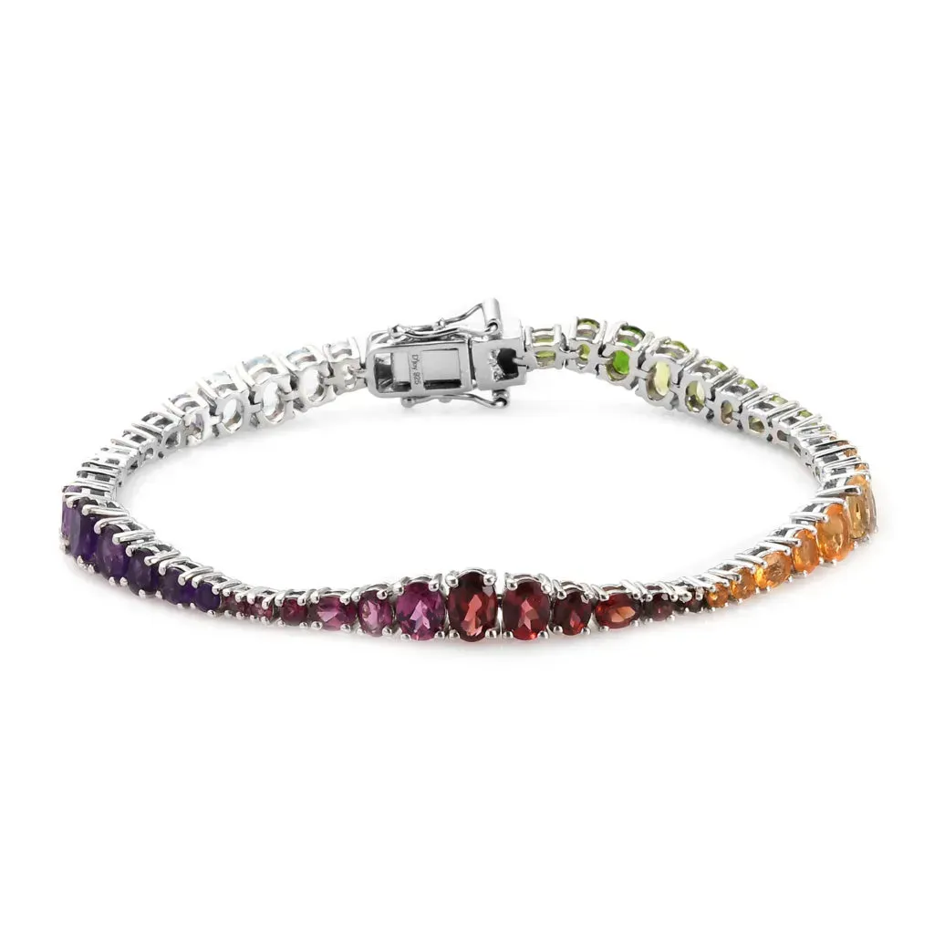 Multi Gemstone Rainbow Fancy Tennis Bracelet in Platinum Over Sterling Silver (7.25 In) 11.15 Grams 10.60 ctw