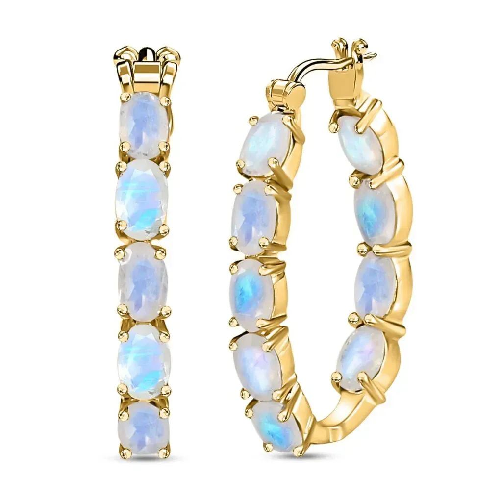Premium Rainbow Moonstone and Diamond Accent Inside Out Hoop Earrings in Vermeil Yellow Gold Over Sterling Silver