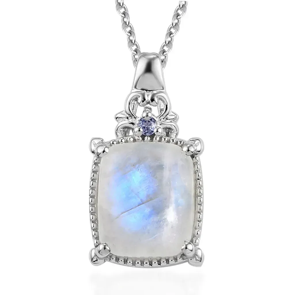 Kuisa Rainbow Moonstone and Tanzanite Pendant Necklace 20 Inches in Platinum Over Sterling Silver 6.35 ctw