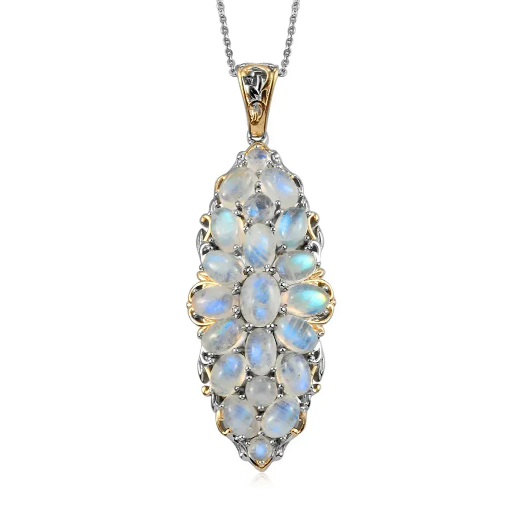 Kuisa Rainbow Moonstone Elongated Pendant Necklace 20 Inches in Vermeil Yellow Gold and Platinum Over Sterling Silver 8.65 Grams 11.50 ctw