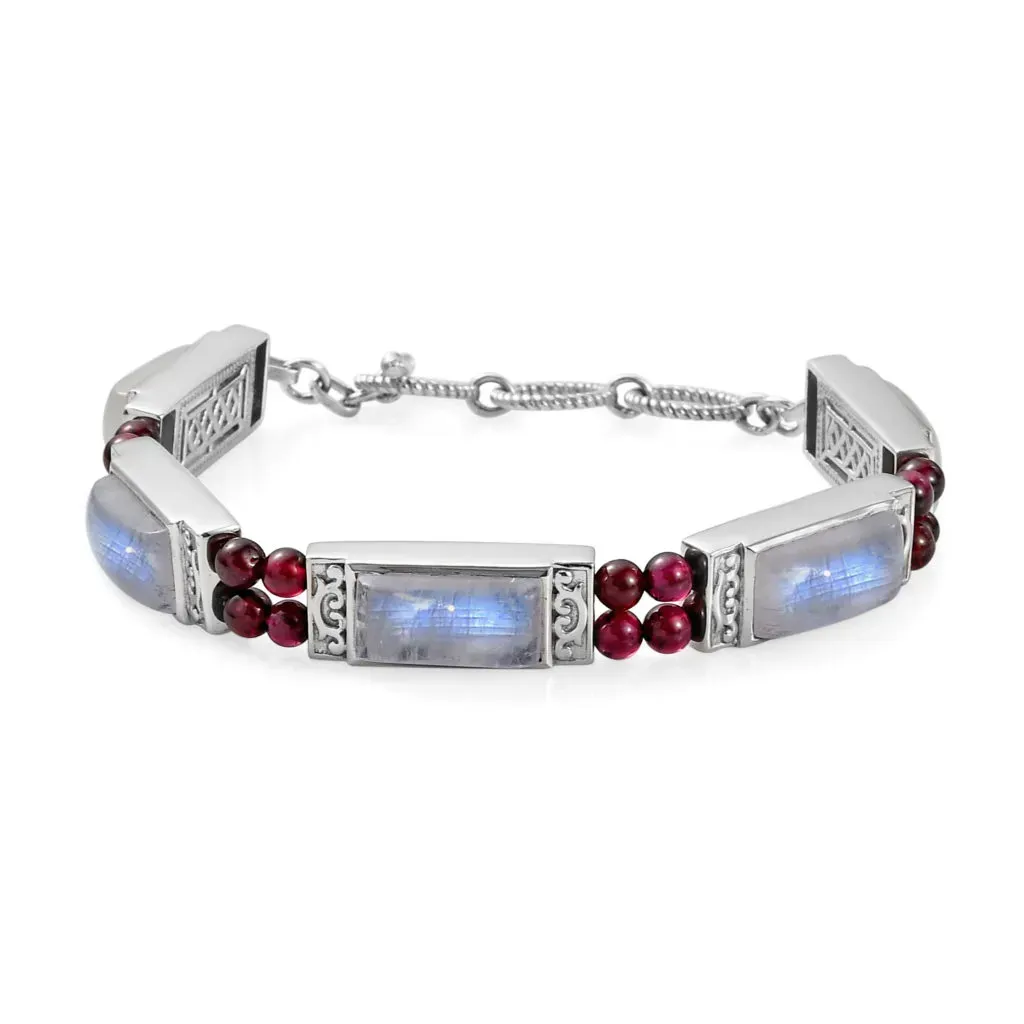 Kuisa Rainbow Moonstone and Orissa Rhodolite Garnet Bracelet in Platinum Over Sterling Silver (6.50 In) 18.35 Grams 33.75 ctw