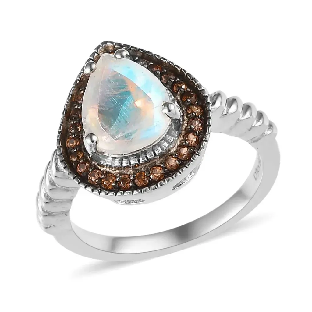 Rainbow Moonstone and Brown Zircon Halo Ring in Platinum Over Sterling Silver