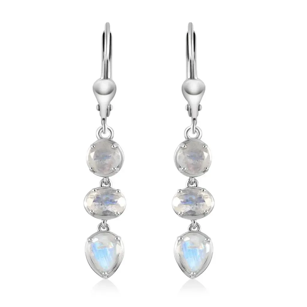 Rainbow Moonstone Lever Back Earrings in Platinum Over Sterling Silver