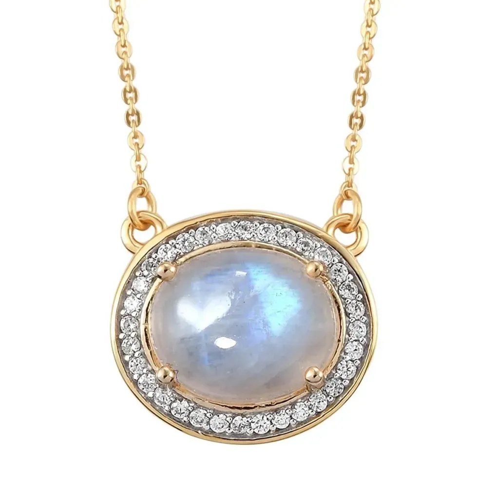 Kuisa Rainbow Moonstone and Natural White Zircon Halo Necklace 18 Inches in Vermeil Yellow Gold Over Sterling Silver 6.15 ctw - Pride Necklace
