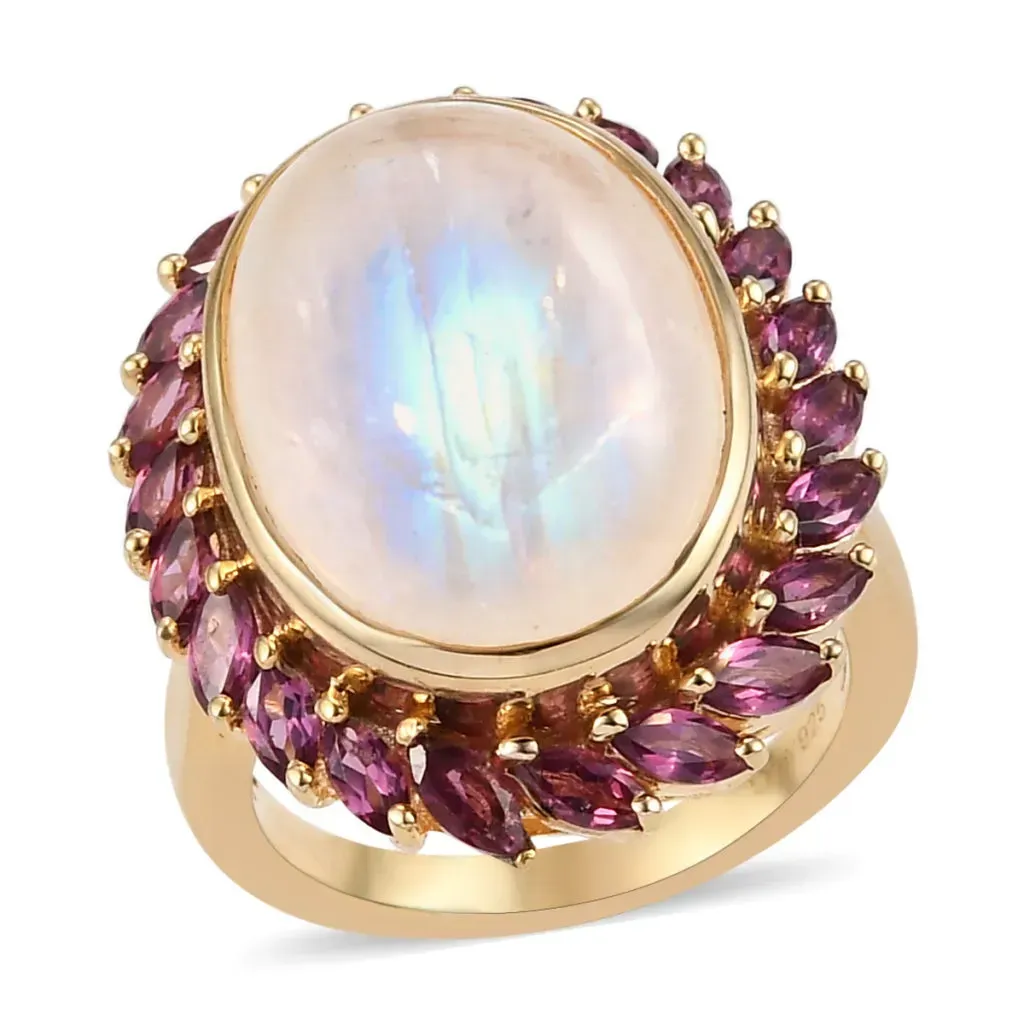 Kuisa Rainbow Moonstone and Orissa Rhodolite Garnet Halo Ring in Vermeil Yellow Gold Over Sterling Silver 15.10 ctw