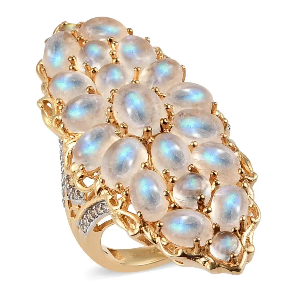 Kuisa Rainbow Moonstone and Natural White Zircon Elongated Ring in Vermeil Yellow Gold Over Sterling Silver 8.35 Grams 11.85 ctw