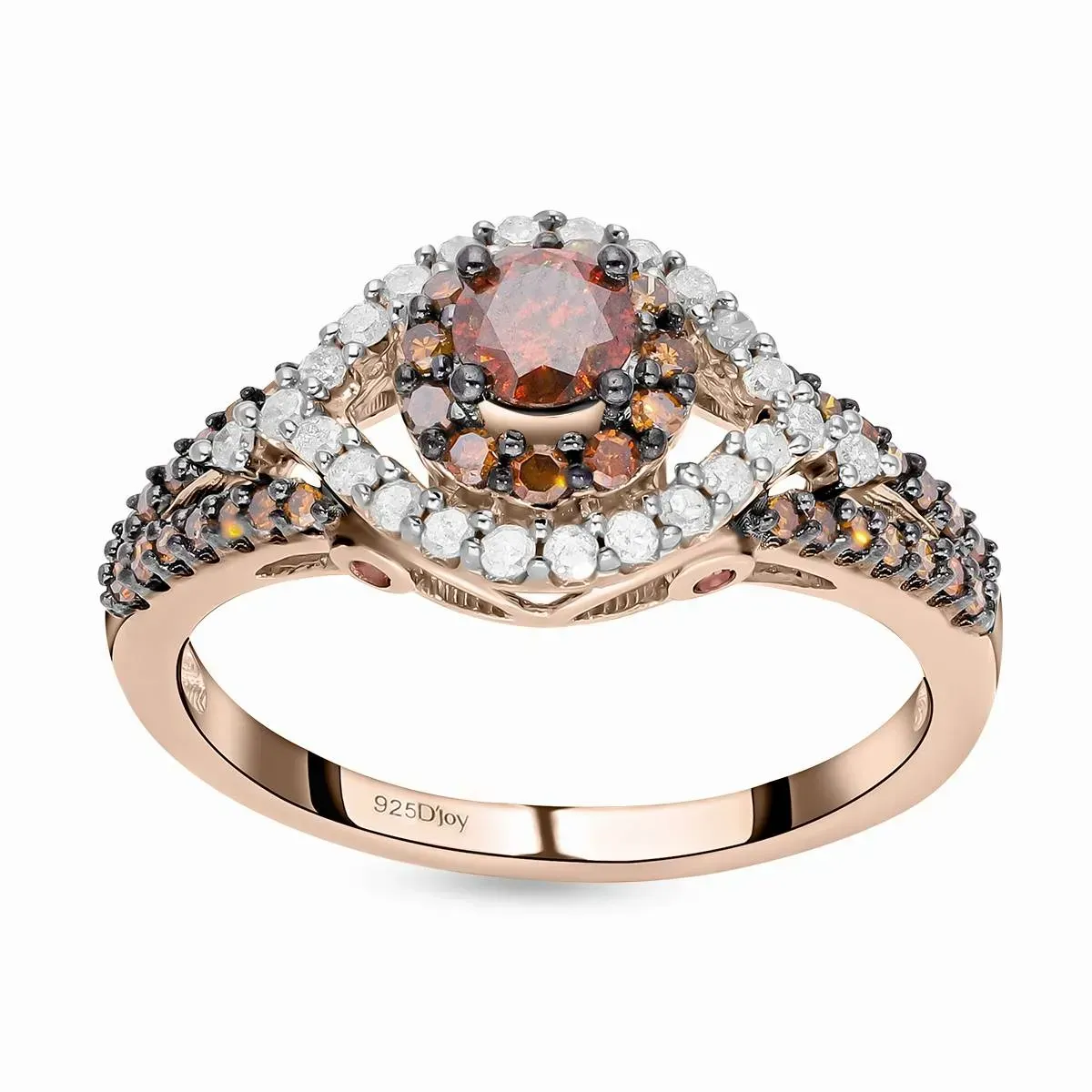 Red Diamond and White Diamond Ring in Rhodium & Vermeil Rose Gold Over Sterling Silver