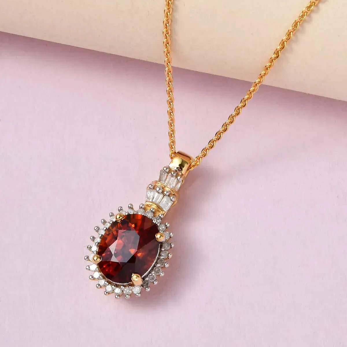 Premium Red Zircon and Diamond Sunburst Pendant Necklace 20 Inches in Vermeil Yellow Gold Over Sterling Silver 