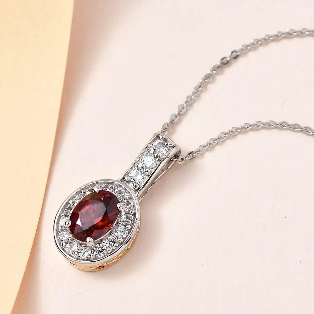 Red Zircon and White Zircon Halo Pendant Necklace 20 Inches in Vermeil Yellow Gold and Platinum Over Sterling Silver 
