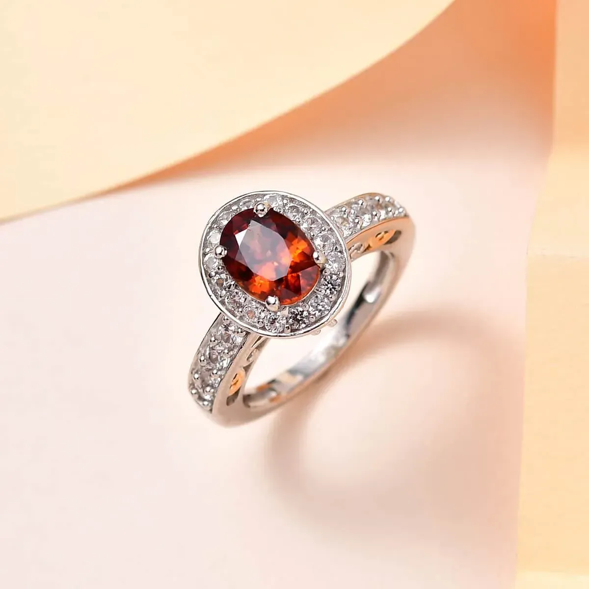 Red Zircon and White Zircon Halo Ring in Vermeil YG and Platinum Over Sterling Silver 