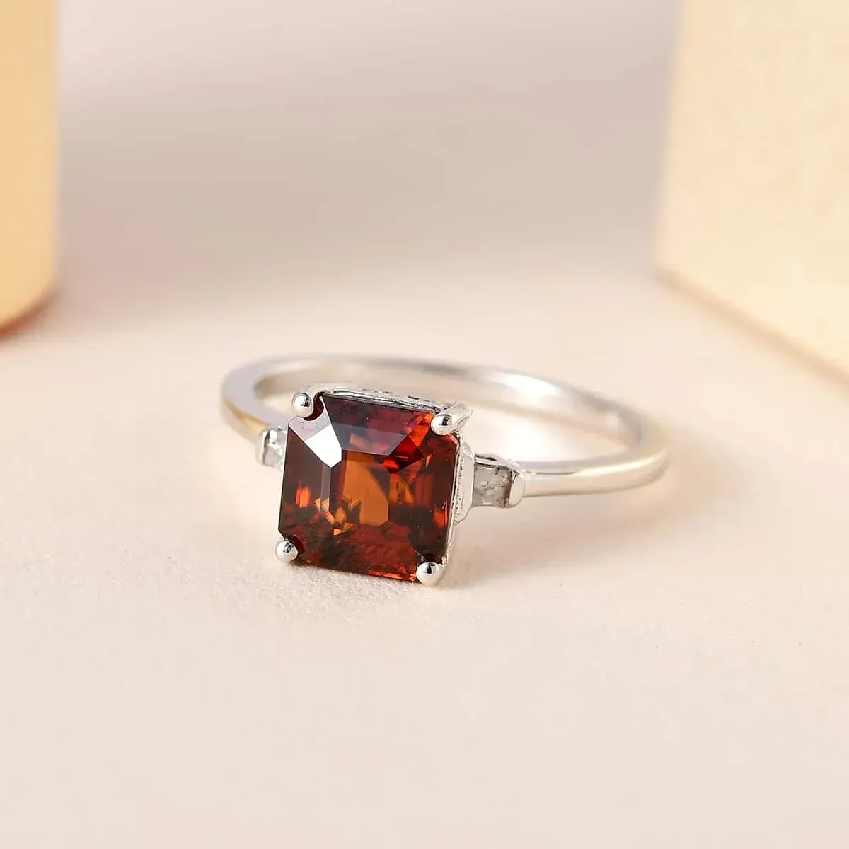 Asscher Cut Red Zircon and Diamond Ring in Platinum Over Sterling Silver 