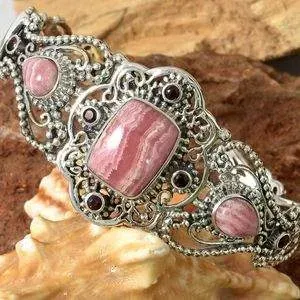 Pink rhodochrosite cuff bracelet in sterling silver.