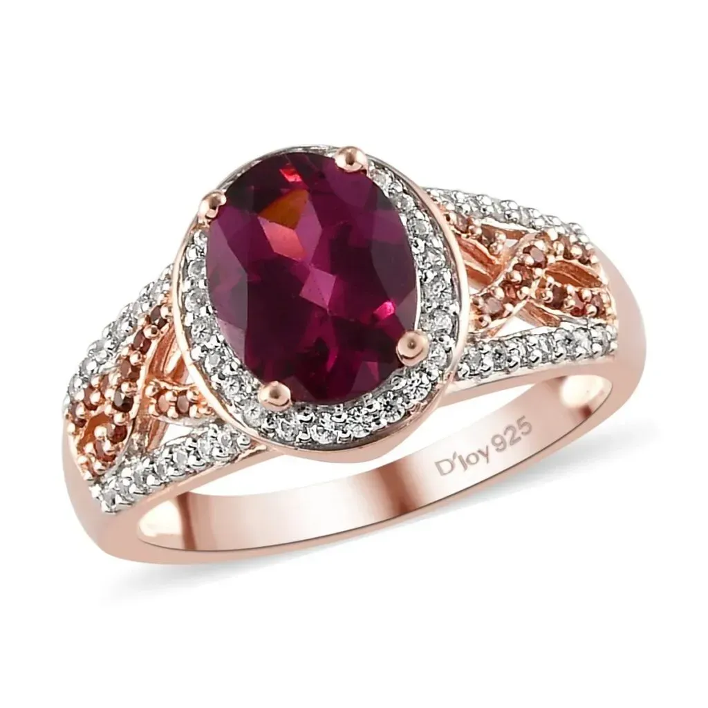 Orissa Rhodolite Garnet, Natural White Zircon and Coffee Zircon Ring in Vermeil Rose Gold Over Sterling Silver
