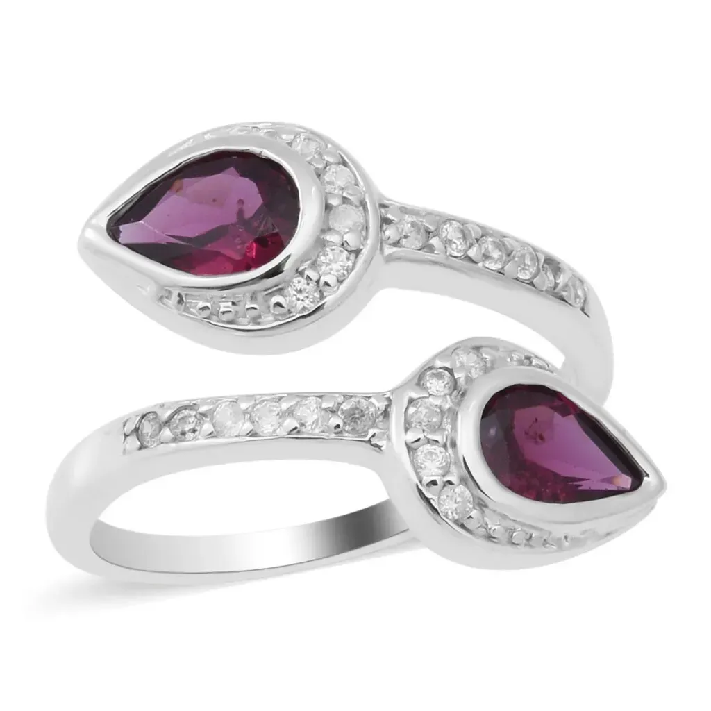 Orissa Rhodolite Garnet and Natural White Zircon Bypass Ring in Platinum Over Sterling Silver