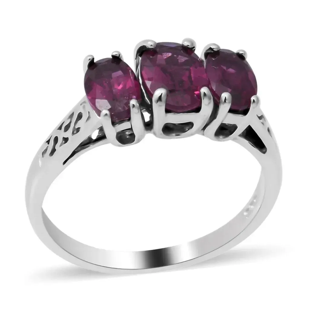 Orissa Rhodolite Garnet 3 Stone Ring in Platinum Over Sterling Silver
