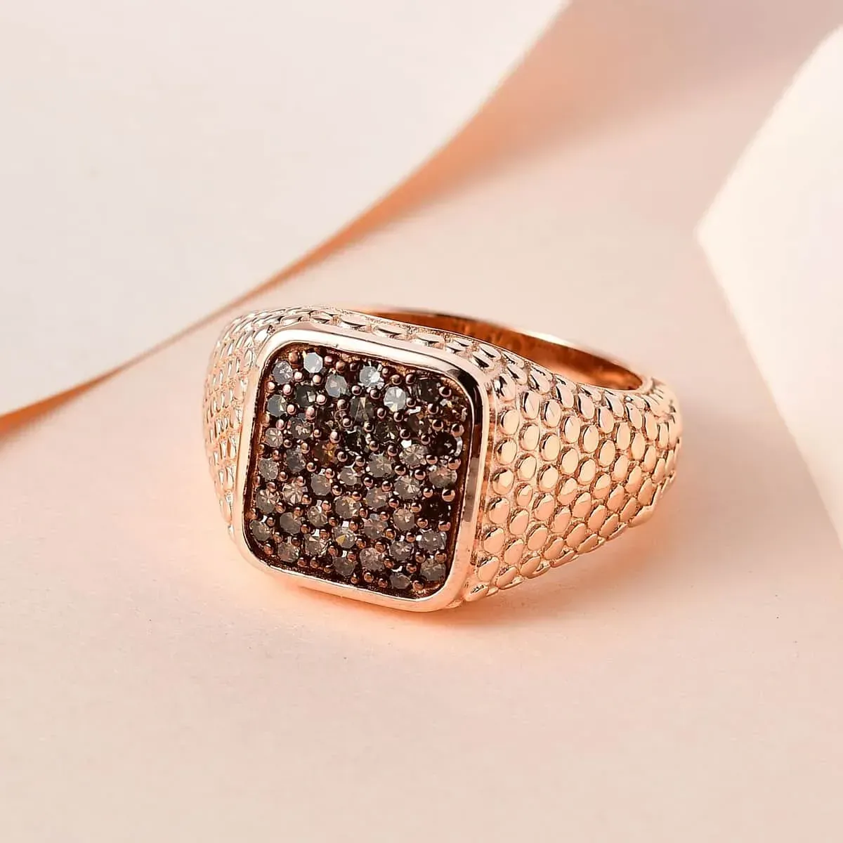 Natural Champagne Diamond Men's Ring in Vermeil Rose Gold Over Sterling Silver 1.00 ctw on neutral background.