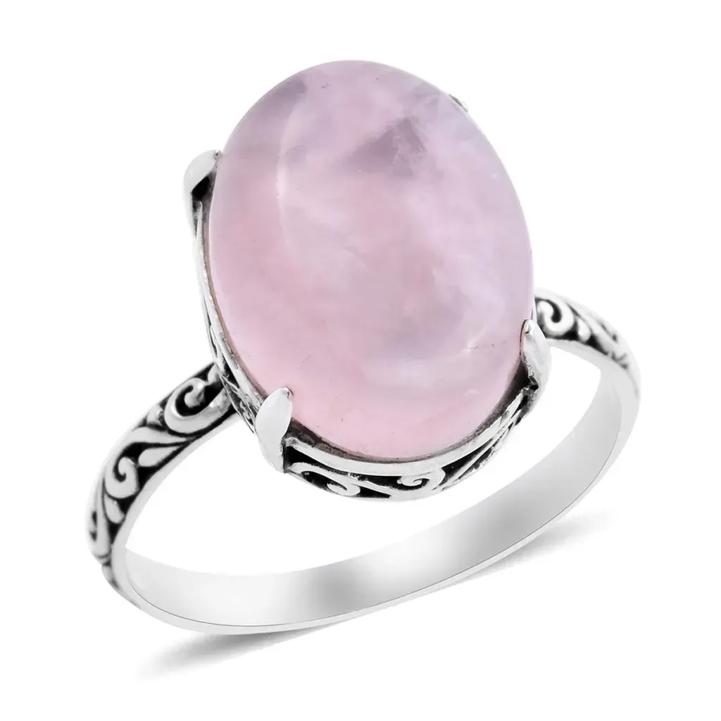 Bali crafted rose quartz ring in sterling silver. 
