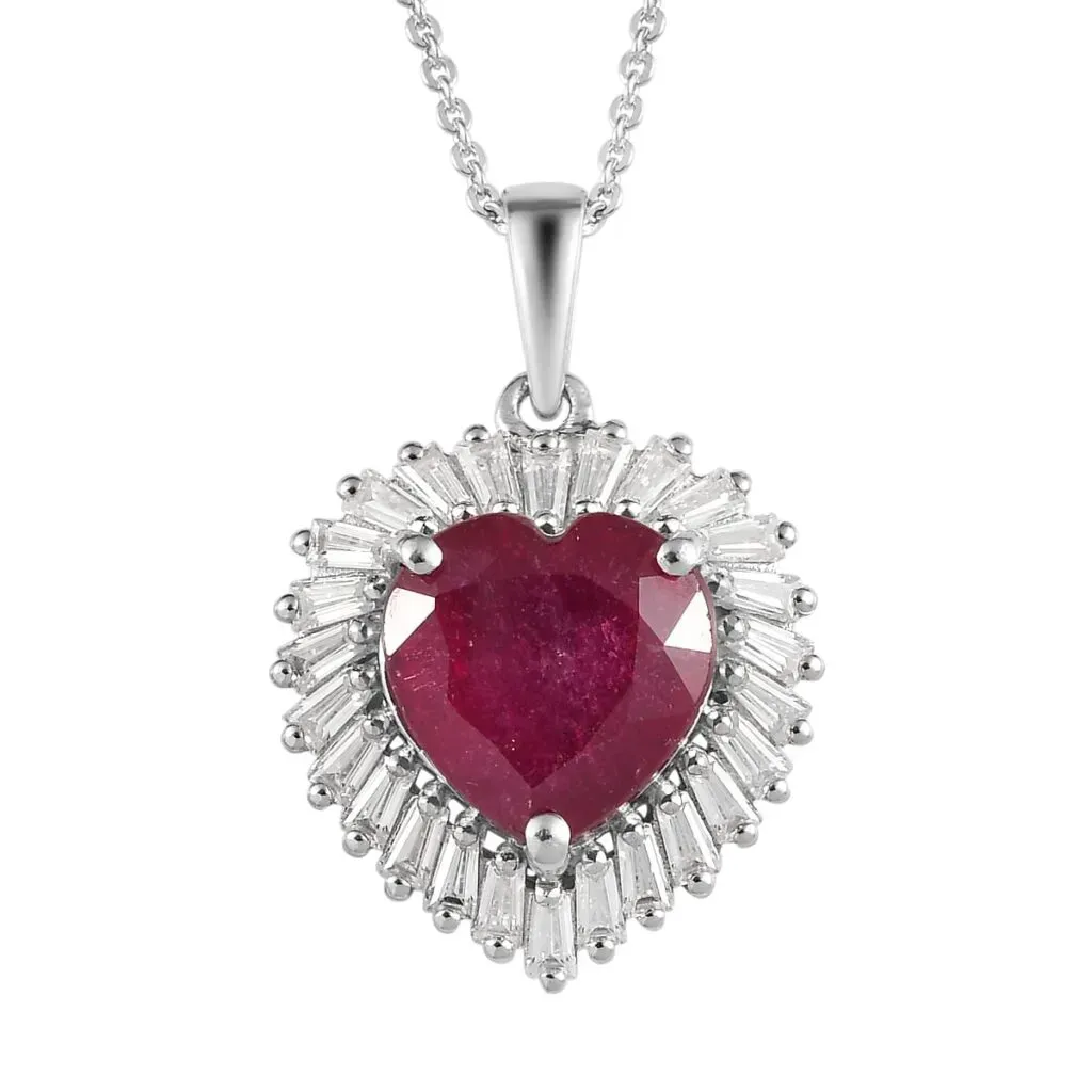 AAA Niassa Ruby (FF) and Moissanite Heart Halo Pendant Necklace 20 Inches in Platinum Over Sterling Silver 6.15 ctw
