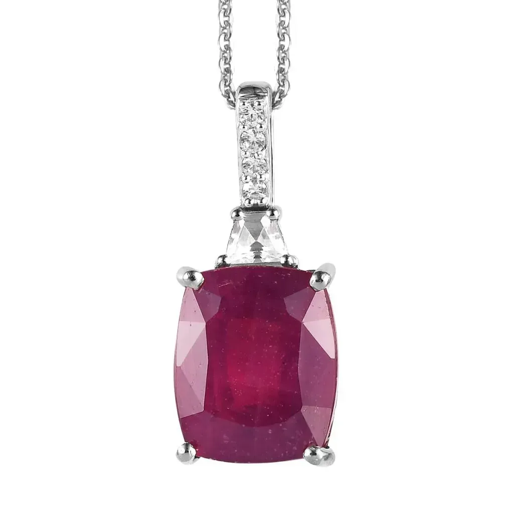 Niassa Ruby (FF) and White Zircon Pendant Necklace 20 Inches in Platinum Over Sterling Silver 8.65 ctw