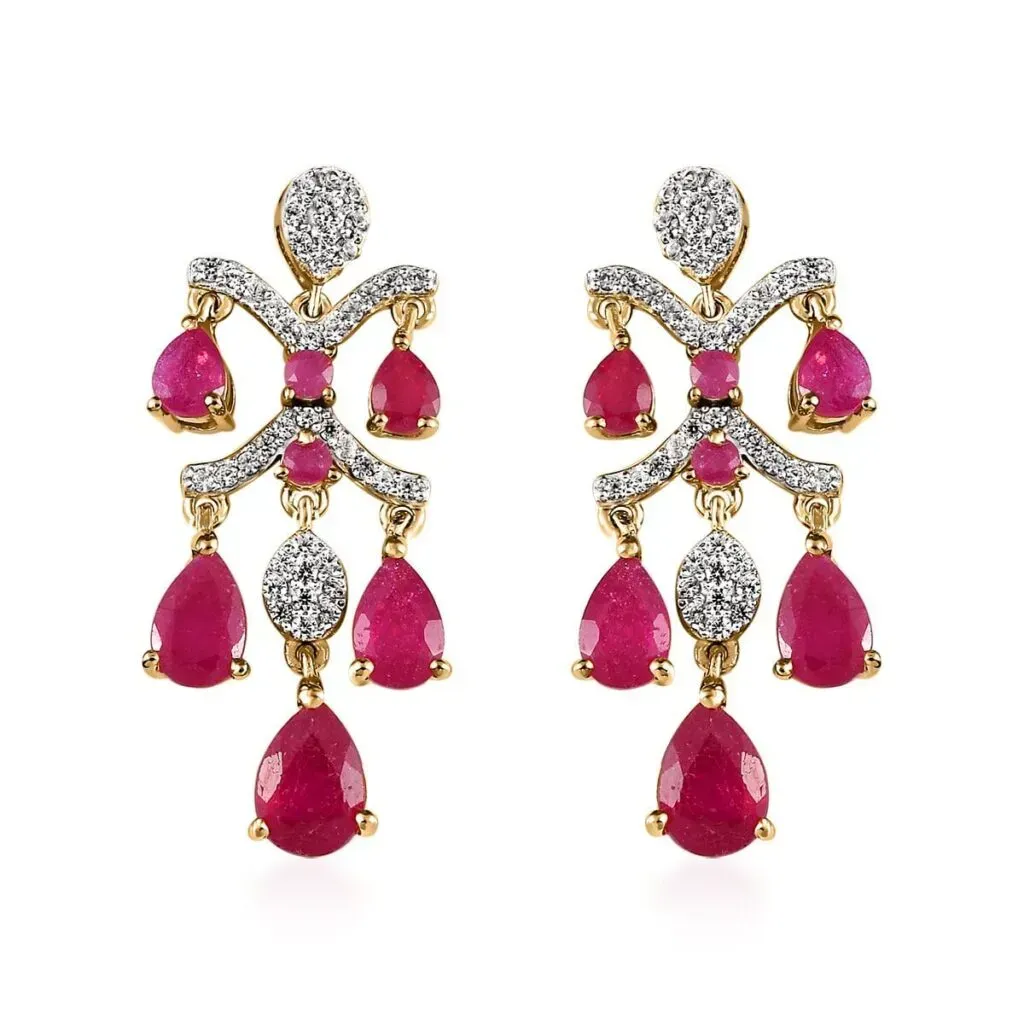 Pink Ruby (FF) and White Zircon Dangling Earrings in Vermeil YG Over Sterling Silver 6.25 ctw