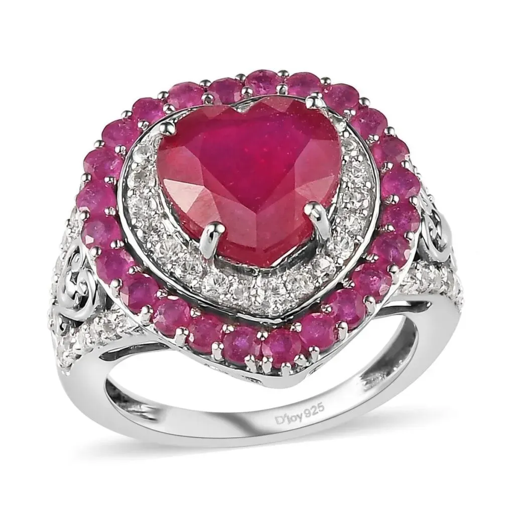 Niassa Ruby (FF) and White Zircon Heart Ring in Platinum Over Sterling Silver 7.60 ctw