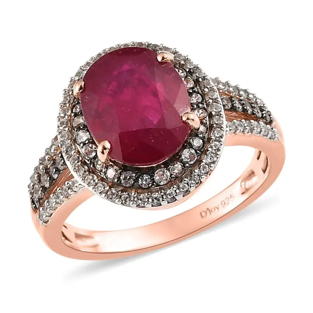 Niassa Ruby (FF), White and Champagne Zircon Double Halo Ring in Vermeil Rose Gold Over Sterling Silver 4.60 ctw