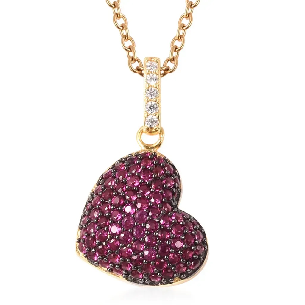 Simulated ruby heart pendant with 14K yellow gold finish. 