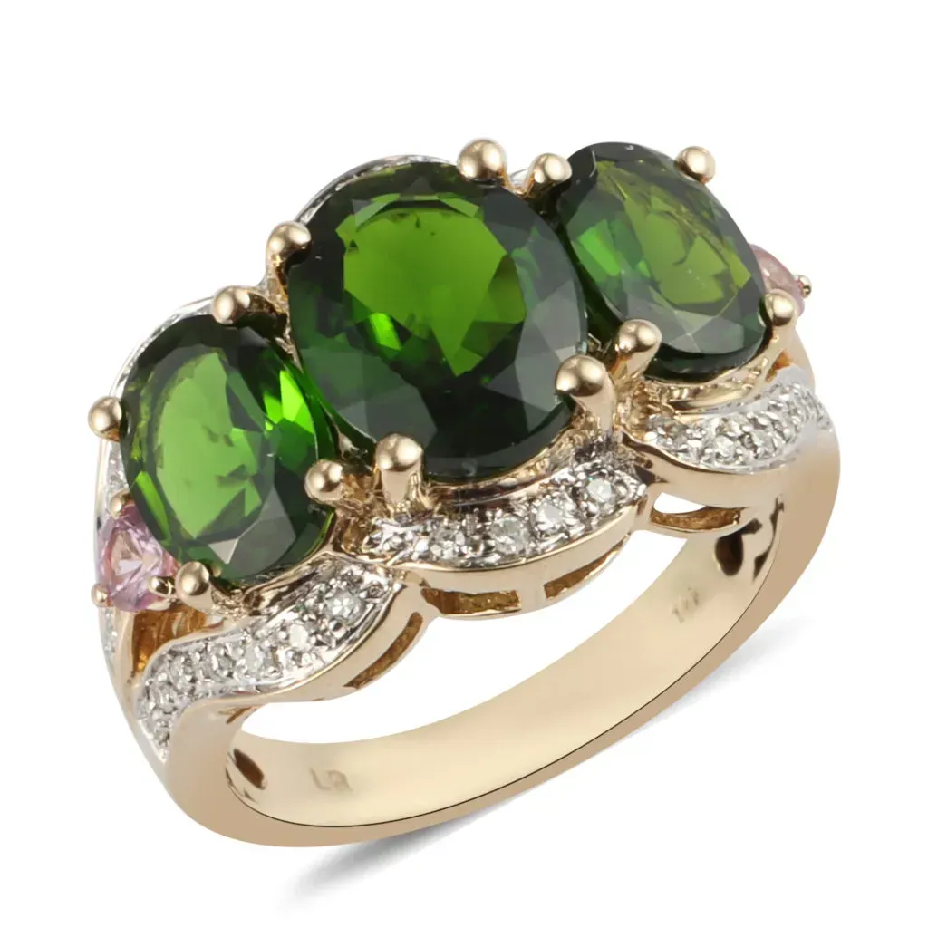 14K yellow gold chrome diopside three stone ring.