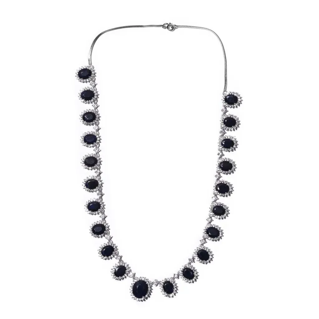 Madagascar Blue Sapphire and White Zircon Necklace in Platinum Over Sterling Silver