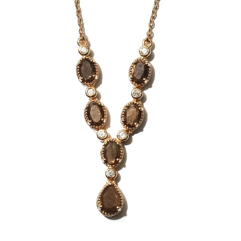 Natural Chocolate Gemstone and Zircon Necklace 18 Inches in Vermeil Yellow Gold Over Sterling Silver