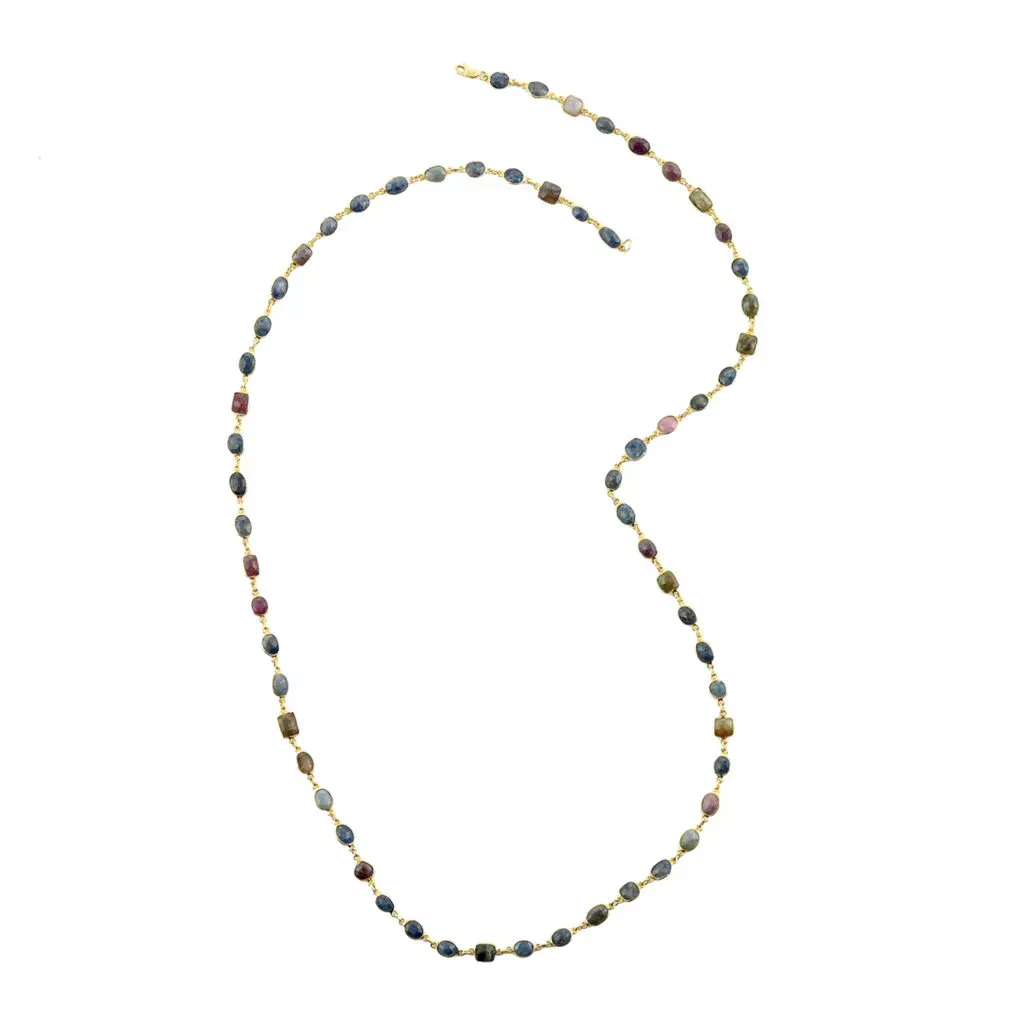 Multi Gemstone and Sapphire Bar Beaded Necklace 36 Inches in 14K YG Over Sterling Silver