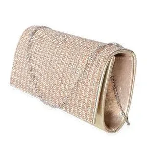 Gold colored clutch with chain accents. 