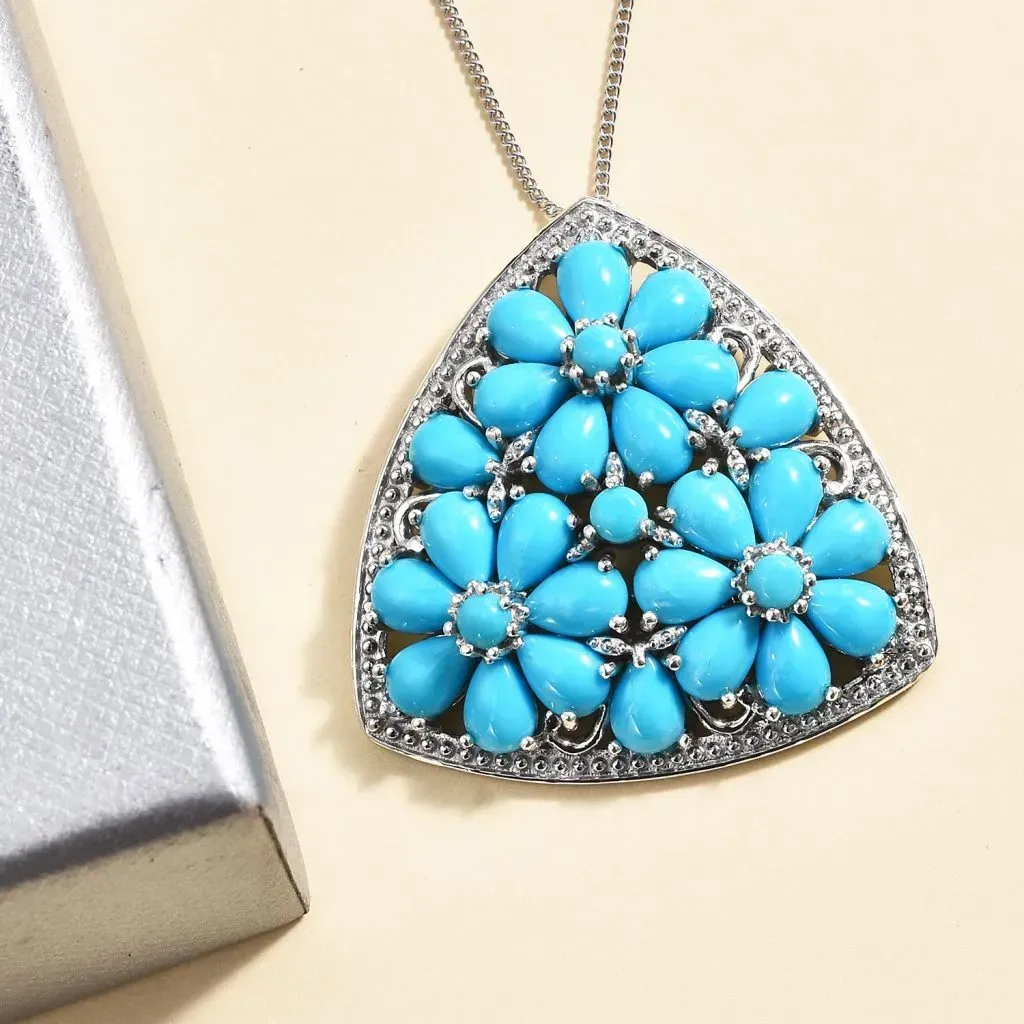 Sleeping Beauty Turquoise floral pendant necklace in sterling silver. 