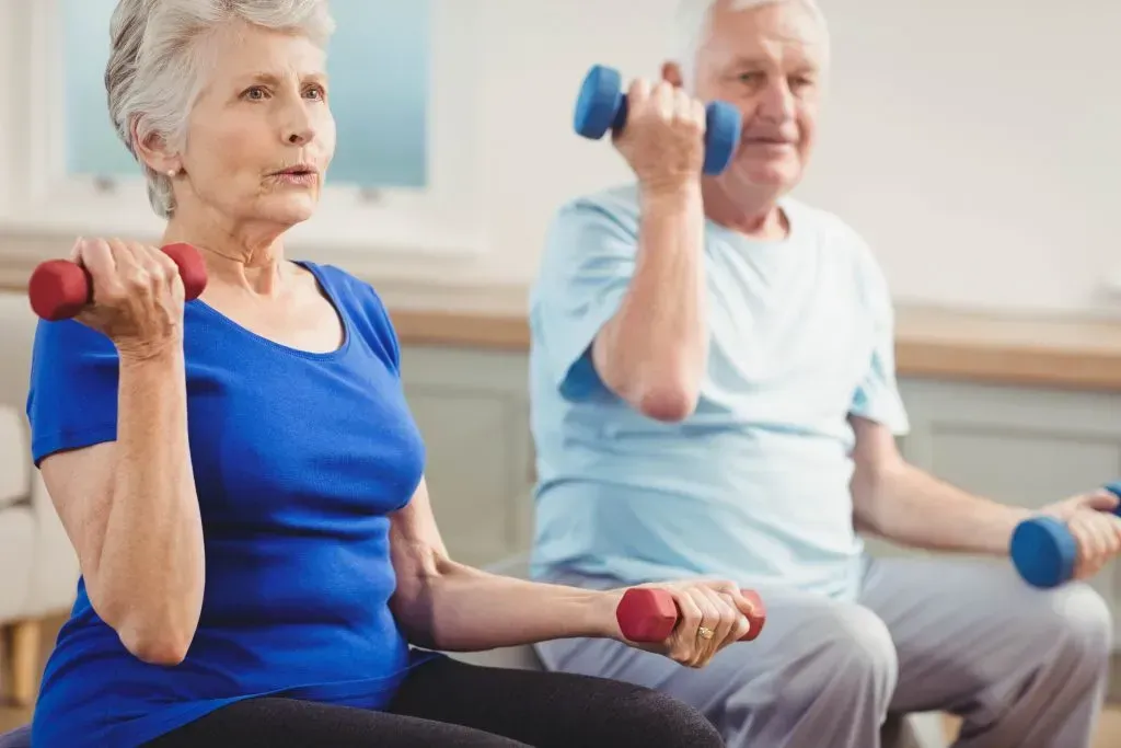 Senior couple lifting dumbbells while sitting on exercise ball at home.