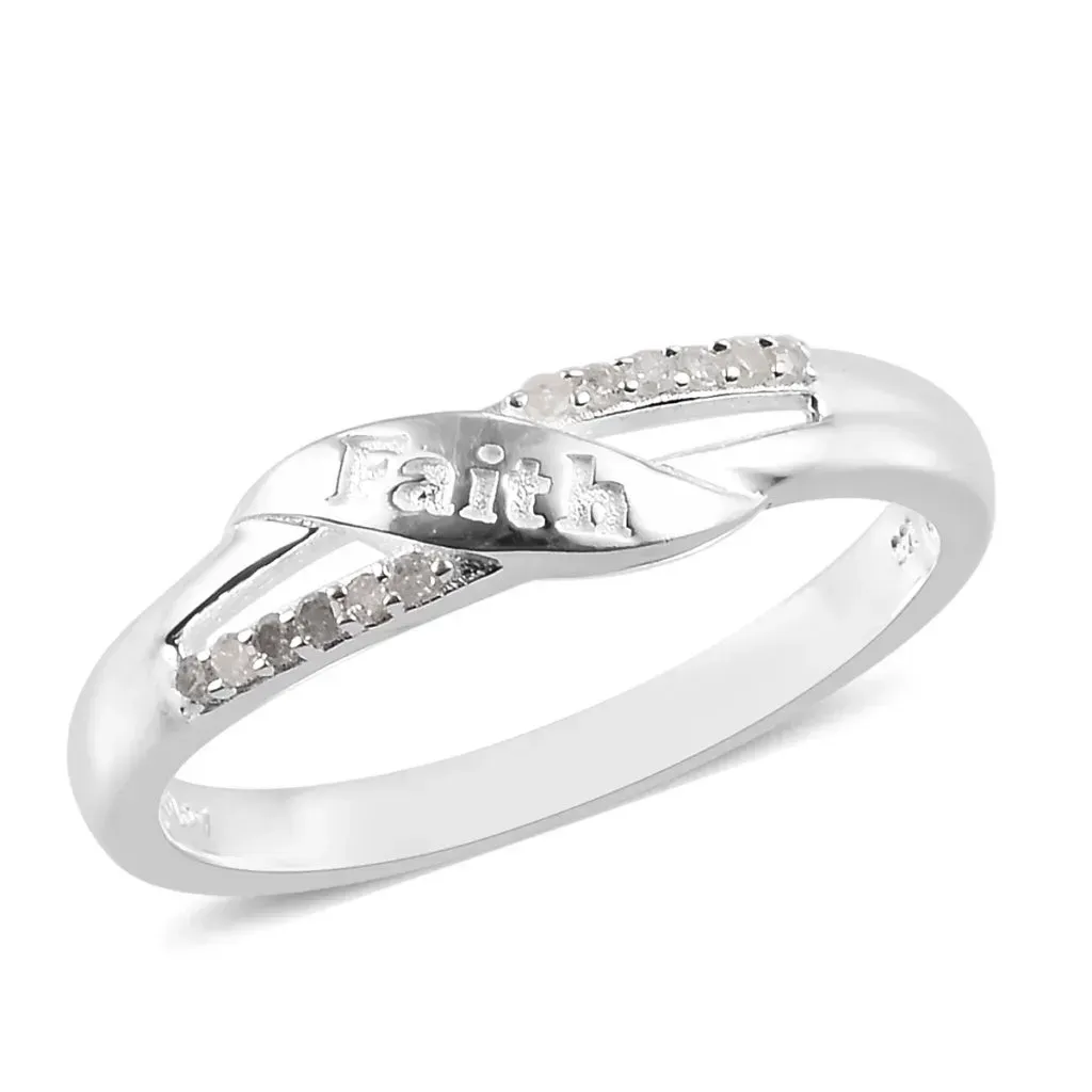 Silver faith ring with diamond accents.