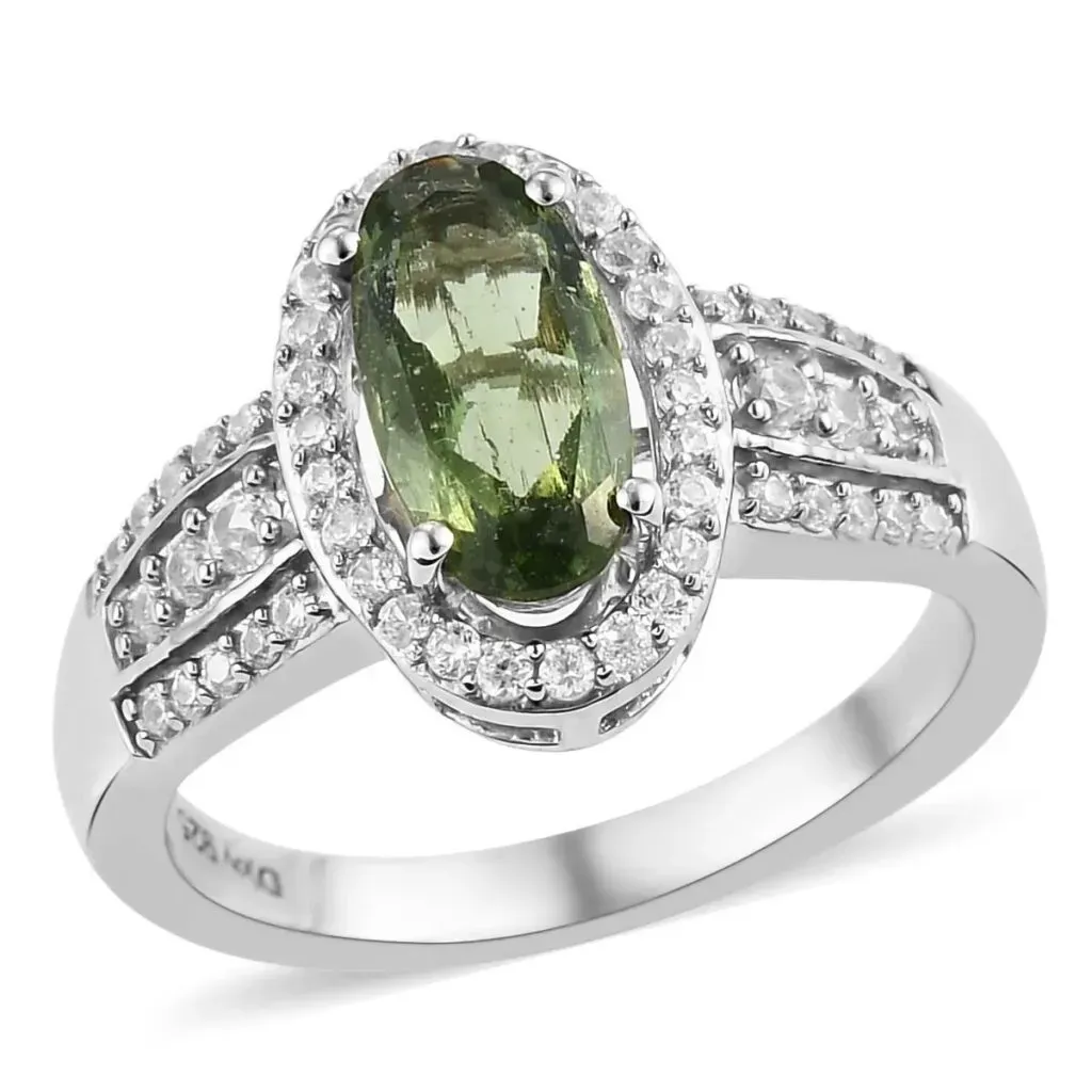 Bohemian Moldavite and Natural White Zircon Ring in Platinum Over Sterling Silver